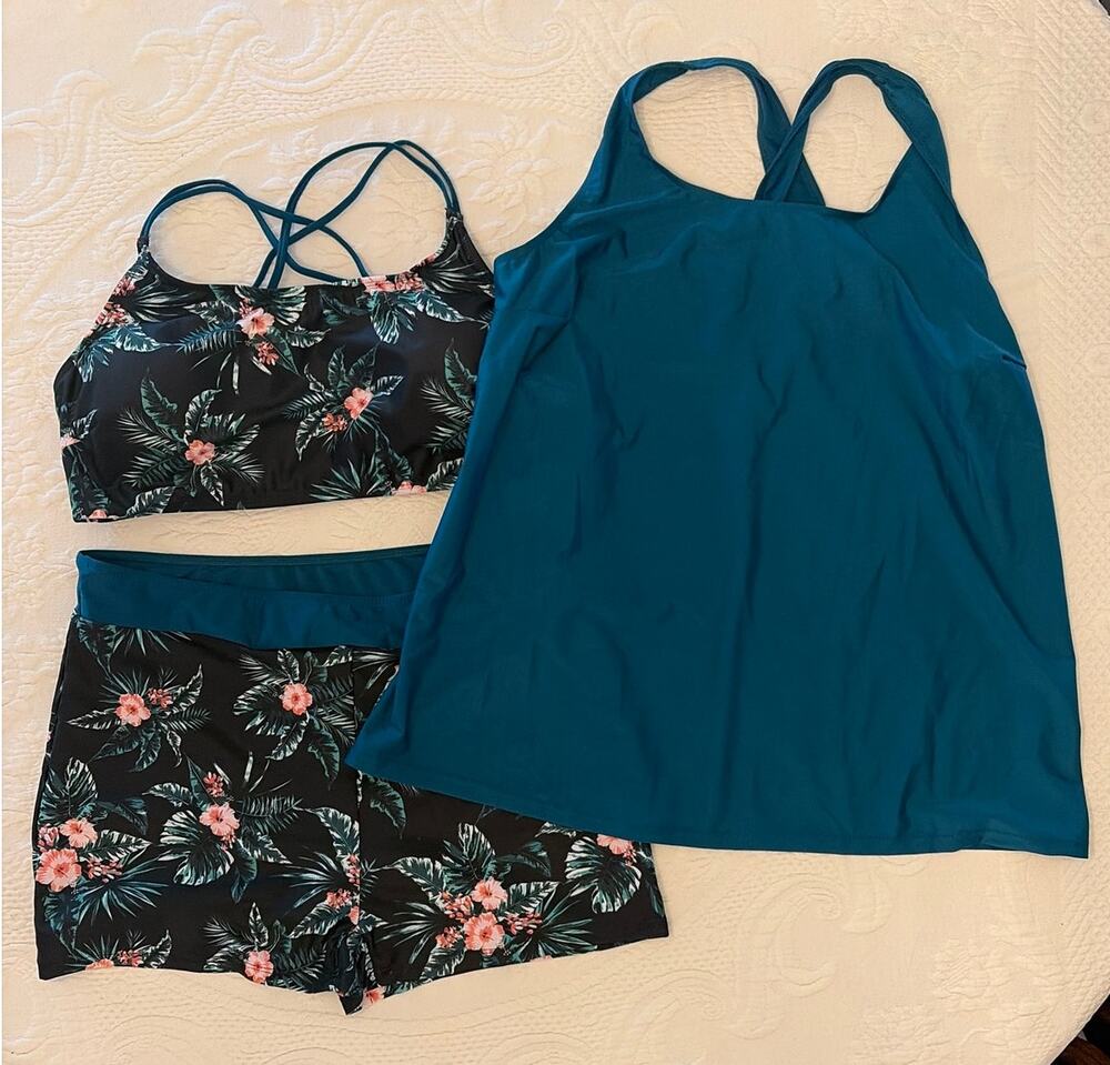 SHEIN Teal Tankini with Black Floral Print Top & Shorts - XXL